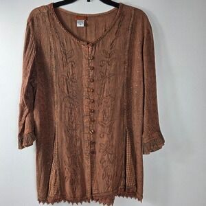 Scully Boho Embroidered Brown Tunic Top Blouse Button‎ Down 3/4 Sleeve Women's M